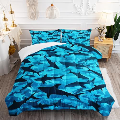Image of AILONEN Blue Shark Queen Comforter Set, Ocean Camouflage Artwork Home Ensemble, 3 Piece Microfiber Down Alternative Fill for Couples Family Guests