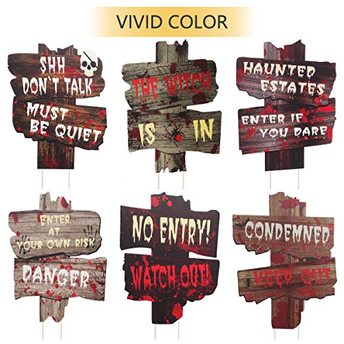 FUNNISM 6 Pack Halloween Decorations Yard Signs with Stakes, Scary Halloween Graveyard Beware Signs Party Decor Props, Creepy Lawn, Sidewalk, Garden, Porch, Yard Warning Signs Outdoor Halloween Decor - Thumbnail 2
