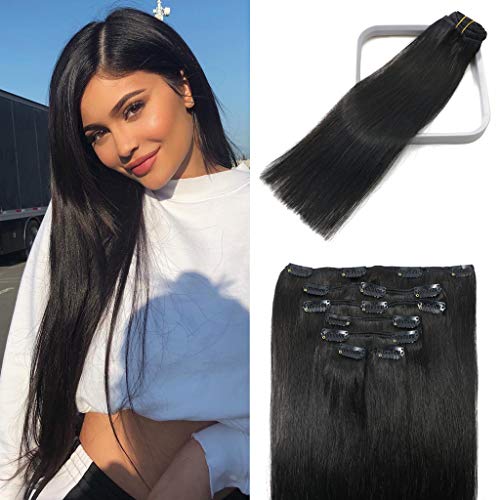 Clip in Hair Extensions Naturl Black Hair Extensions For Women 15Inch 70g Blonde Natural Real Human Hair Fine Hair Thick and Straight Full Head 7PCS #1b