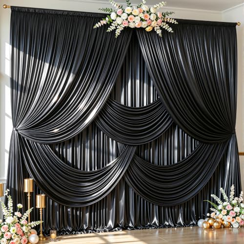 20x10ft Black Glitter Backdrop Curtain for Parties, Wrinkle Free Satin Photo Backdrop Drapes 4 Panels 5x10FT Shimmer Back Drop Cloth for Wedding Birthday Baby Shower Photography Background Decor