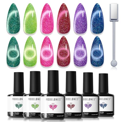 Image of modelones Cat Eye Gel Nail Polish, 6 Colors Glitter Summer Red Pink Purple Green Blue Gel Polish Set with Magnet Sparkle Nail Gel Polish Kit Soak Off Led Nail Art Manicure Salon DIY Gifts