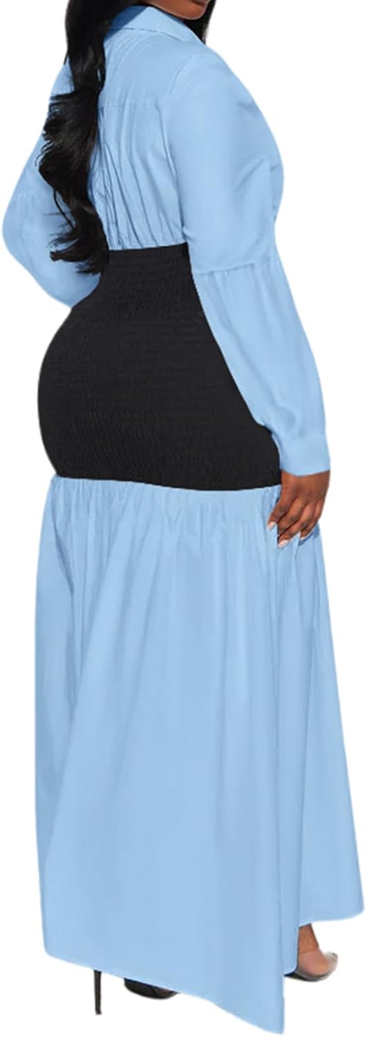 Ekaliy Women's Puff Long Sleeve Shirt Dress Elegant Button Down Loose Swing Party Maxi Dress - Image 2