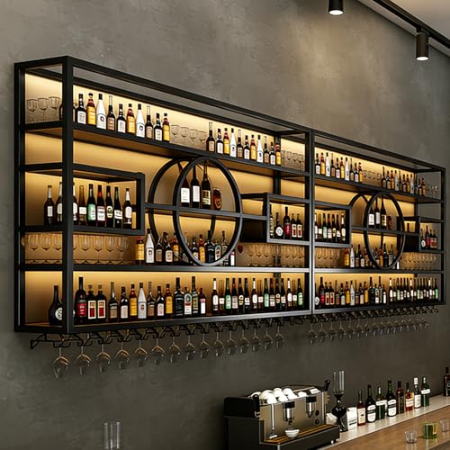 Image of 95in Wine Rack Wall Mounted, Large Capacity Hanging Wine Bottles Display Shelf with Glasses Holder, 4 Tier Industrial Bar Liquor Storage Shelves for Home Bar Kitchen,Living Room (Black, 95in)