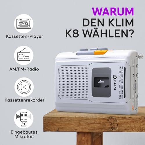 KLIM K8 Kassettenspieler - Kassettenrekorder - NEU Cassette Player - AM/FM Kassettenradio - Eingebautes Mikrofon & Lautsprecher - Kopfhöreranschluss & Ohrhörer - Weiß