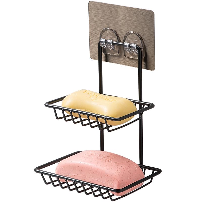 Image of 2-Tier Wall Mounted Soap Holder for Bathroom | Self Adhesive Soap Dish Rack | Rustproof Metal Shower Organizer | Strong Sticker Mount, No Drill, Space Saving Storage Shelf