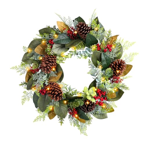 Corona de Navidad con luz LED con piña para puerta delantera, decoración al aire libre