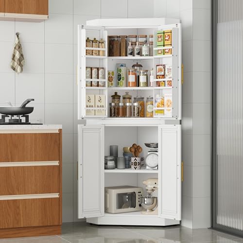Image of GAIOUS 63 inch Metal Corner Kitchen Pantry Cabinet, Kitchen Food Cabinets White
