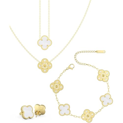 Lucky Clover Sets Necklace Pendant Earrings Bracelet for Women, 18K Gold-plated Stainless Steel Pendant Earrings Bracelet, Fashion Simple Jewelry