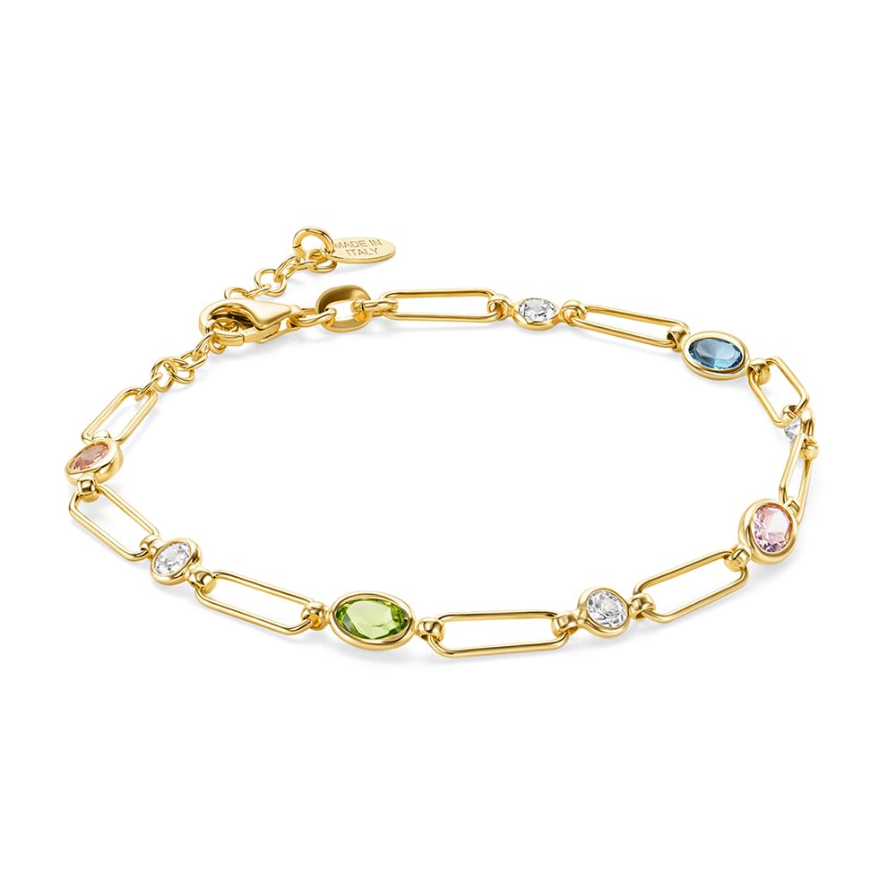 MIORE Armband Damen, 18 Karat vergoldetes 925 Sterlingsilber, Armband Silber Damen, 8 bunte Zirkonia Steine, Armkette 17-20 cm, Karabinerverschluss, Made in Italy, Schmuck Damen, mit Schmuckbox