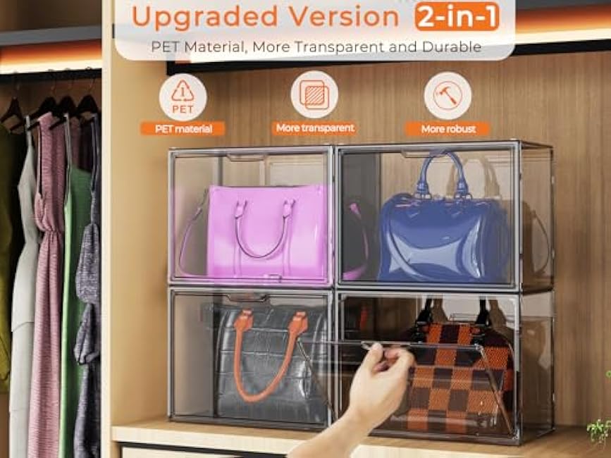 3Pack PET Plastic Handbag Display Case ¨C Stackable Transparent Plastic Display Cases with Magnetic Door, Dustproof Closet Organizer for Purses, Handbags, Cosmetics, Collectibles