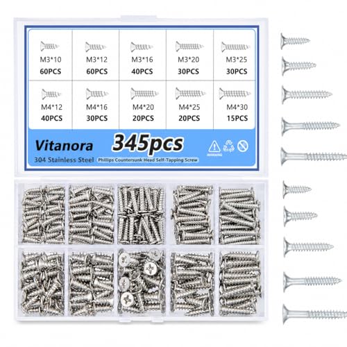 345Pcs 304 Vis auto tapotantes en acier inoxydable Assortiment Kit-M3 M4 Tête plate Phillips vis en bois auto tapotant Vis autotaraudeuses avec boîte de stockage, argent, modèle SR34