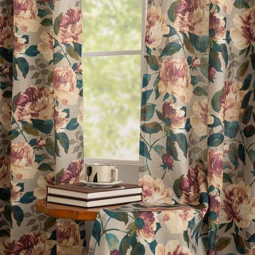 Image of ALIGOGO Floral Kitchen Curtains 54 Inch Length, Cottage Semi-Blackout Flower Curtains for Small Window, Light Filering Grommet Floral Drapes 2 Panels, 50W x 54L Inch, Taupe
