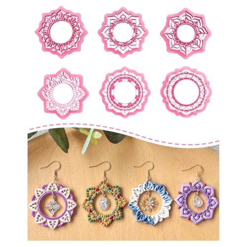 Keoker Mandala Circle Frame Polymer Clay Cutters 6 Shapes Mandala Clay Earring Cutters for Polymer Clay Jewelry
