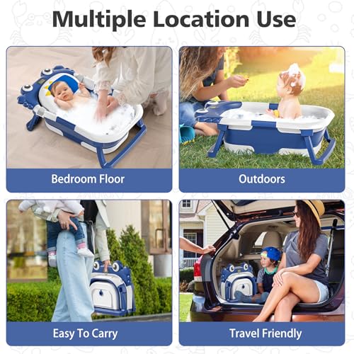 Image of Collapsible Baby Bathtub for Newborns with Thermometer and Soft Floating Cushion Portable and Foldable Travel Baby Boy Bath Tub for Infants to Toddler 0-36 Month (Navyblue)