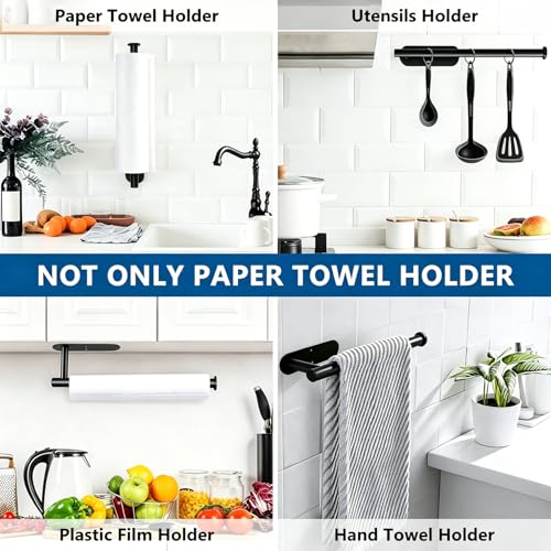 Image of Paper Towel Holder Under Cabinet - Self Adhesive Paper Towel Roll Holder Wall Mount, Matte Black Stainless Steel Towel Paper Holder for Kitchen, Bathroom, Cabinets