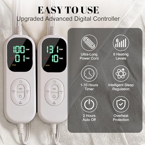 Image of IUUI Heated Blanket Electric King Dual Controller- 90x100 Inches Soft Flannel Heating Blanket,Fast Heating Blanket 6 Heating Levels & 2 Hours Auto Off ETL Certification (Cream, King)
