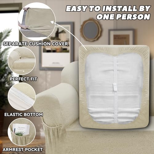 Sofa Slipcover with Armrest Pockets 4-Piece Set, Stretch Faux Leather Couch Cover for 3-Cushion Couches(Fits 72-92") - Non-Slip, Machine Washable, Pet & Kid Friendly - Beige - Image 6