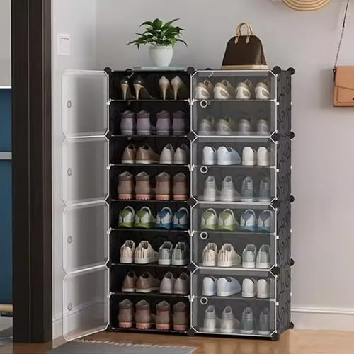 Image of Premium Multipurpose Modular 𝟏𝟔 𝐒𝐇𝐄𝐋𝐅 Plastic Shoe Rack for Home with 8 Door | Stackable Organizer | Waterproof & Dustproof | Space Saving Storage for Home, Bedroom & Entryway - Black