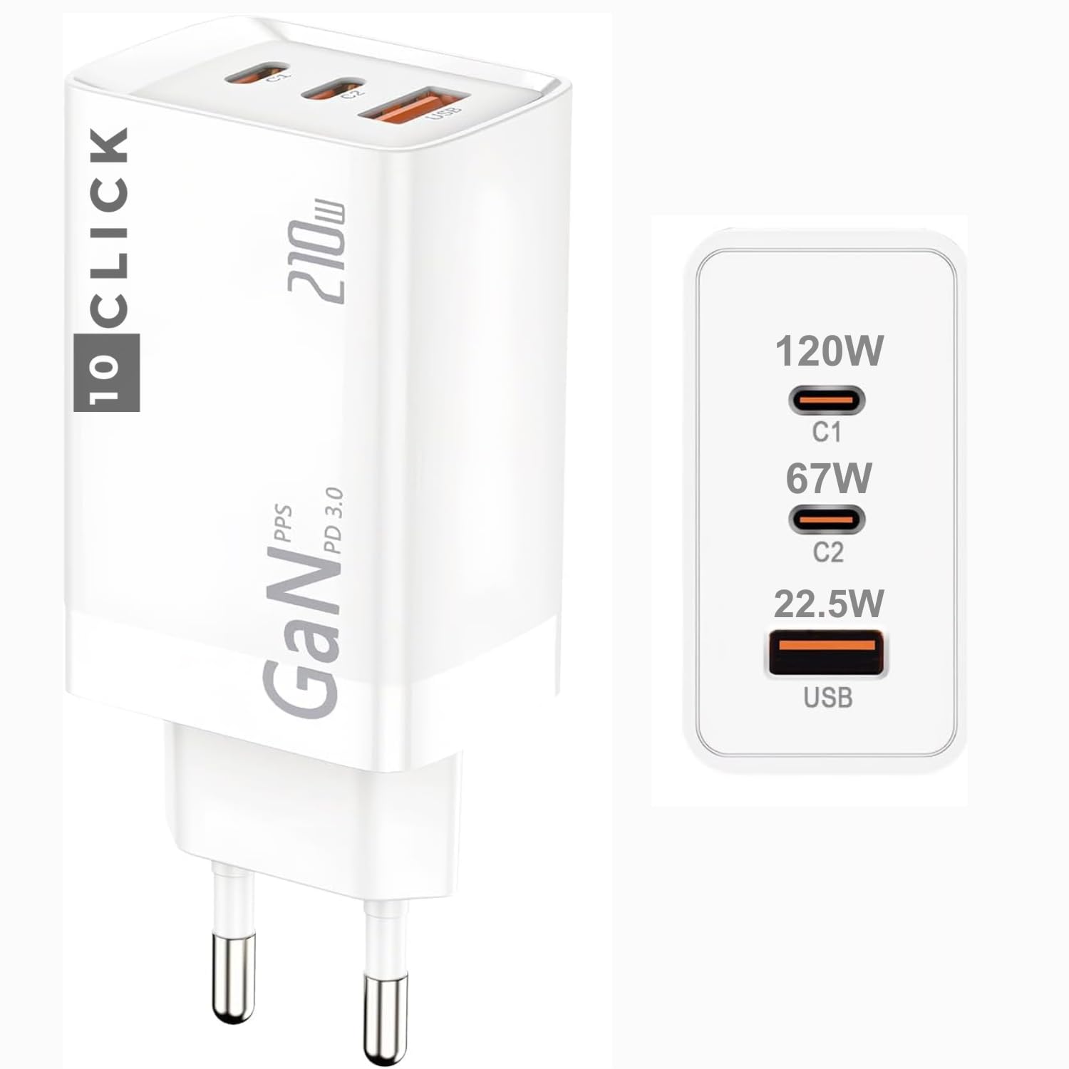 Carregador 210W GaN Super Turbo 3 Portas USB-C Tipo-C e USB-A para Notebook iPhone 17 16