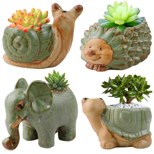 4 PCS Succulent Pots, Cute Ceramic Flower Planter Pot, Small Animal Cactus Pothos Planters, Home Decor and Office Desk Decoration, Plants Not Included