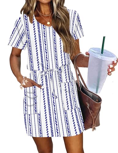 Image of AUSELILY Womens Summer Dresses 2026 Causal Short Sleeve V Neck Tie Front Mini Short Dress with Pockets
