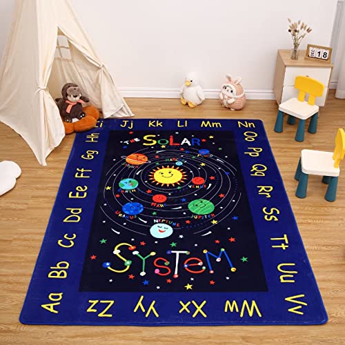 GlowSol Kids Rug for Playroom Outer Space Kids Rug Solar System Carpet Alphabet Baby Play Mat Soft Nursery Rugs Non Slip Kids Rugs for Baby Crawling Toddlers, 8 10 Feet