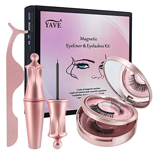 Magnetic Eyelashes with Eyeliner Kit, YAVE 2 Pairs Magnetic Lashes Kit with Waterproof Magnetic Eyeliner, Mirror and Applicator Tool.