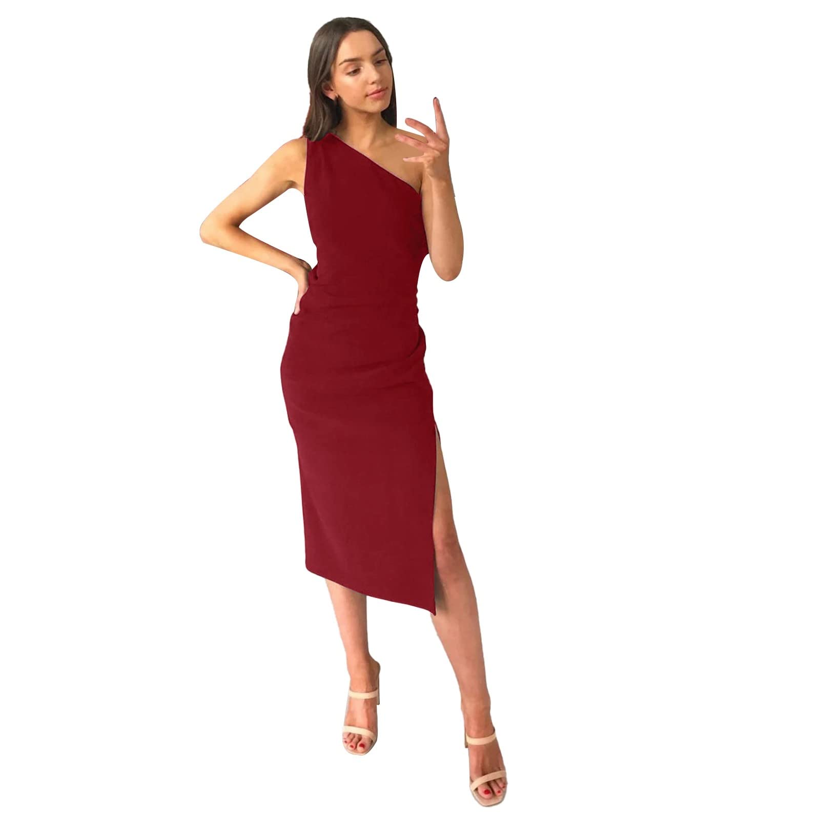 Gonna Abito da Donna Sexy in Tinta Unita con Spacco a Una Spalla Vestito Elegante Corto