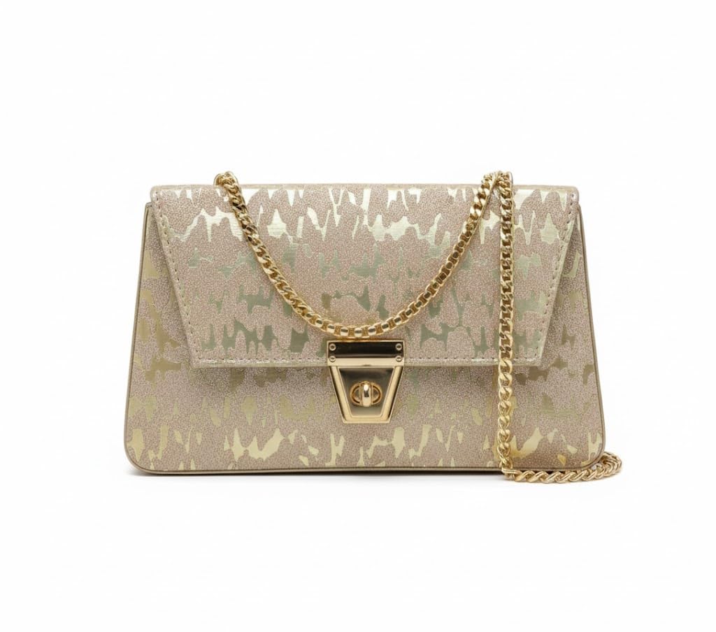 Glitter Shoulder Bag with Gold Chain Strap, Beige Patterned Clutch, Evening Purse with Turn-Lock Closure-picture-35