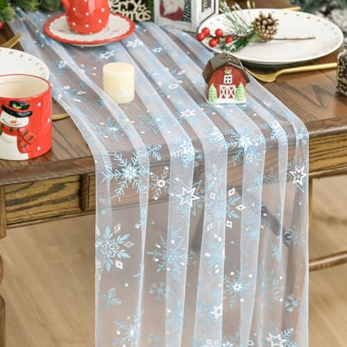 Artoid Mode Blue Snowflakes Merry Christmas Gauze Table Runner 120 Inch 10FT, Winter Stars Sheer Cheesecloth Dining Holiday Table Decor for Home Party