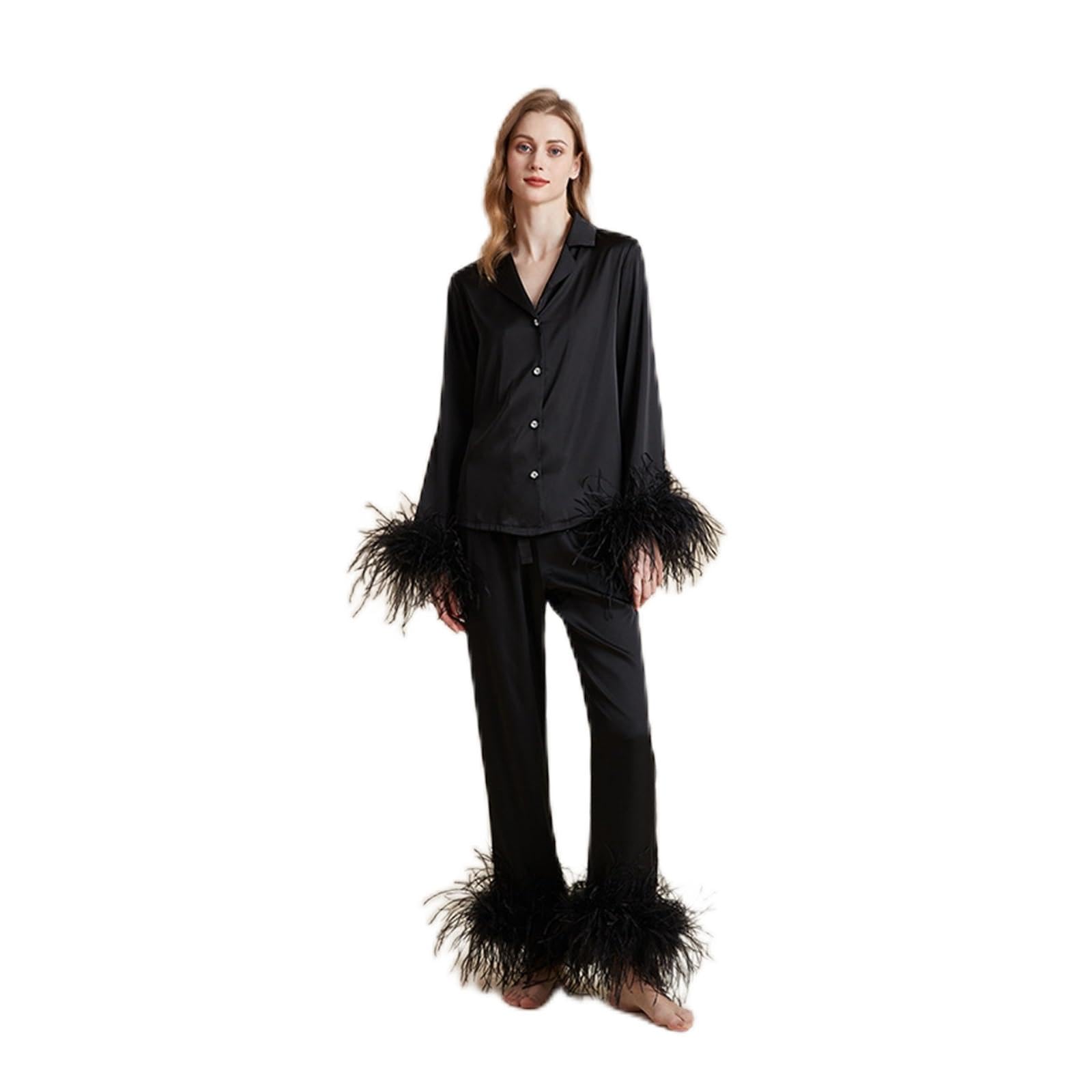 Conjunto de Pijamas de Plumas de Lujo, Ropa de Dormir a la Moda for Mujer, Pijamas, Traje Elegante de satén de Seda, Pijama, Ropa de casa