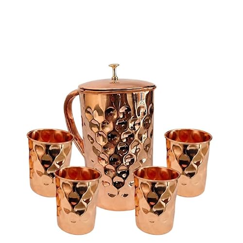 Image of Diamond Copper & Brass Water Jug Pitcher Set with Knob Lid, 1500 ML Jug and 4 Diamond Tumblers, Handmade Traditional Drinkware for Water, Beverages, Home & Dining