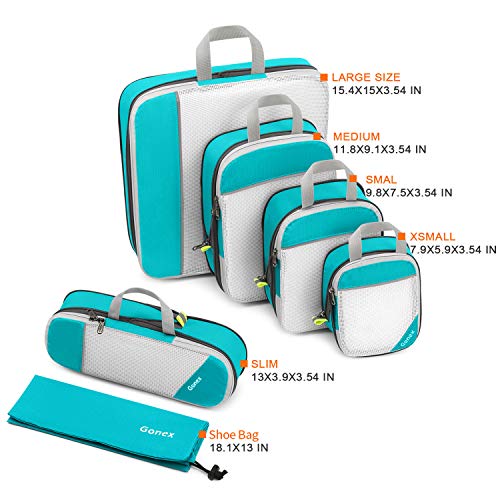 Gonex Compression Packing Cubes Mesh Organizers L+M+S+XS+Slim+Laundry Bag Blue