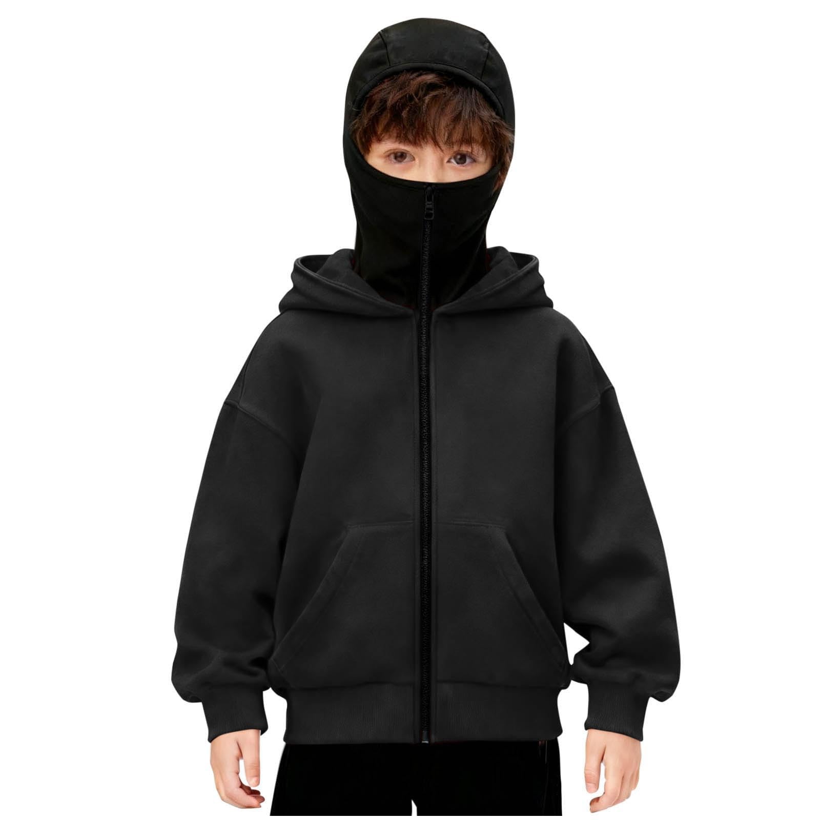 Felpa Bambini Con Passamontagna e Zip Doppio Cappuccio Ninja Balaclava Hoodie Felpe Cerniera Invernale Incorporato Streetwear Cappuccio Maniche Lunghe Casual Termica Sweatshirt Oversize