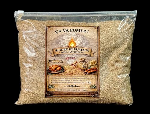 Sciure de fumage 1KG 100% Hêtre - Sac à curseur refermable - Granulométrie de 0,5 à 1mm pour fumage à froid et à chaud - Adaptée aux barbecues, générateurs et fumoirs