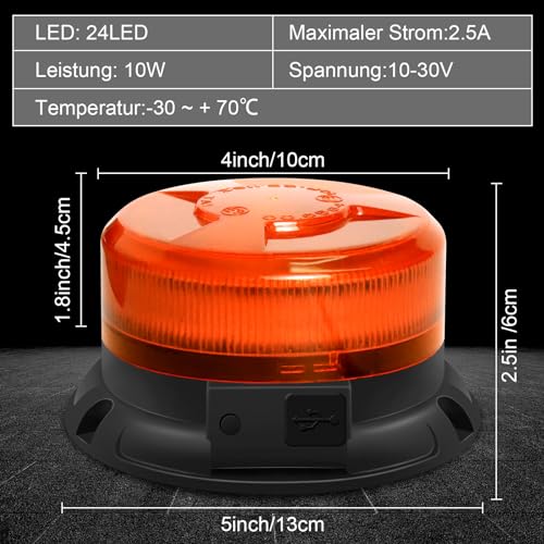 Dinfu Rundumleuchte akku mit Fernsteuerung, 12V Gelb Warnleuchte magnet 9 Modes Warnlicht mit Kfz-Ladekabel und USB-Kabel für Auto KFZ LKW Traktor SUV j-eep