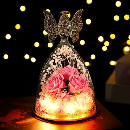 Mothers Day Flower Gifts for Her, Glass Angel Figurine with Three Roses Gifts, Preserved Forever Real Rose Gifts for… - Image 3