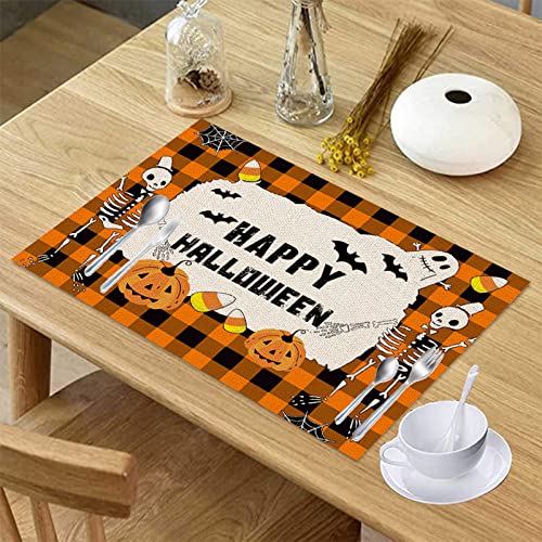 Image of Placemats Set of 6 Halloween Pumpkin Kitchen Table Mats Set of 4 Halloween Ghost Marble Kitchen Accessories Non Slip Placemats Cute Pumpkin and Skeleton Set of 6