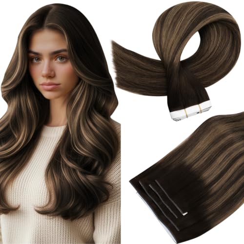 Image of Full Shine Tape in Weft Hair Extensions, Dark Brown Highlight Mix 22 Inch