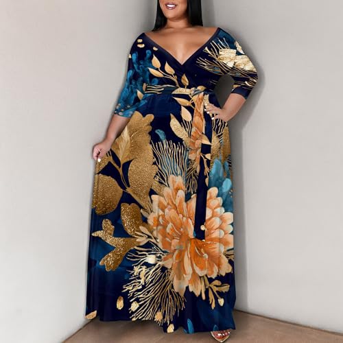 Image of SUZONANA Plus Size Maxi Dresses for Curcy Women Casual Loose 3 /4 Sleeve Long Dress with Belt