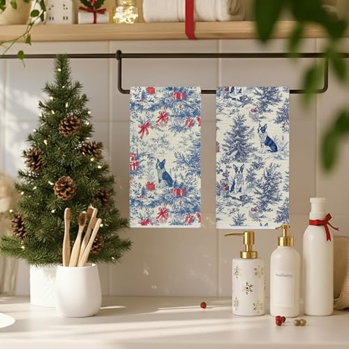 Image of Christmas Blue Boston Terrier Kitchen Towels Set 2,Vintage Dog Lover Gifts Dish Tea Towels for Kitchen, French Chinoiserie Holiday Decorative Hand Towel for Bathroom, 16x24 Inch