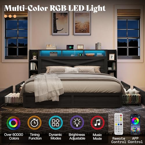 Image of AMERLIFE 45'' Farmhouse King Bed Frame with 4 Drawers, LED Bed Frame with Bookcase Headboard & Side Shelves, Wood Platform Bed with Charging Station, Black