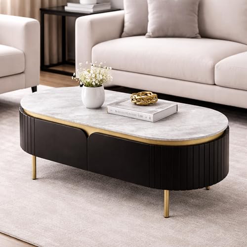 Image of The Attic Carlston Coffee Table for Living Room, Solid Wood Centre Table with Ceramic Top, Black Matte Finish, Oval Shape with Gold Accent