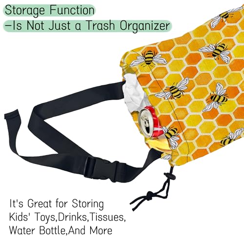Image of Watercolor Bees Car Trash Bag,Honeycombs Hanging Drawstring Car Garbage Bag,Waterproof Canvas Car Back Seat Organizer with Adjustable Buckle,for Vehicles,SUVs,Camping,Road Trips