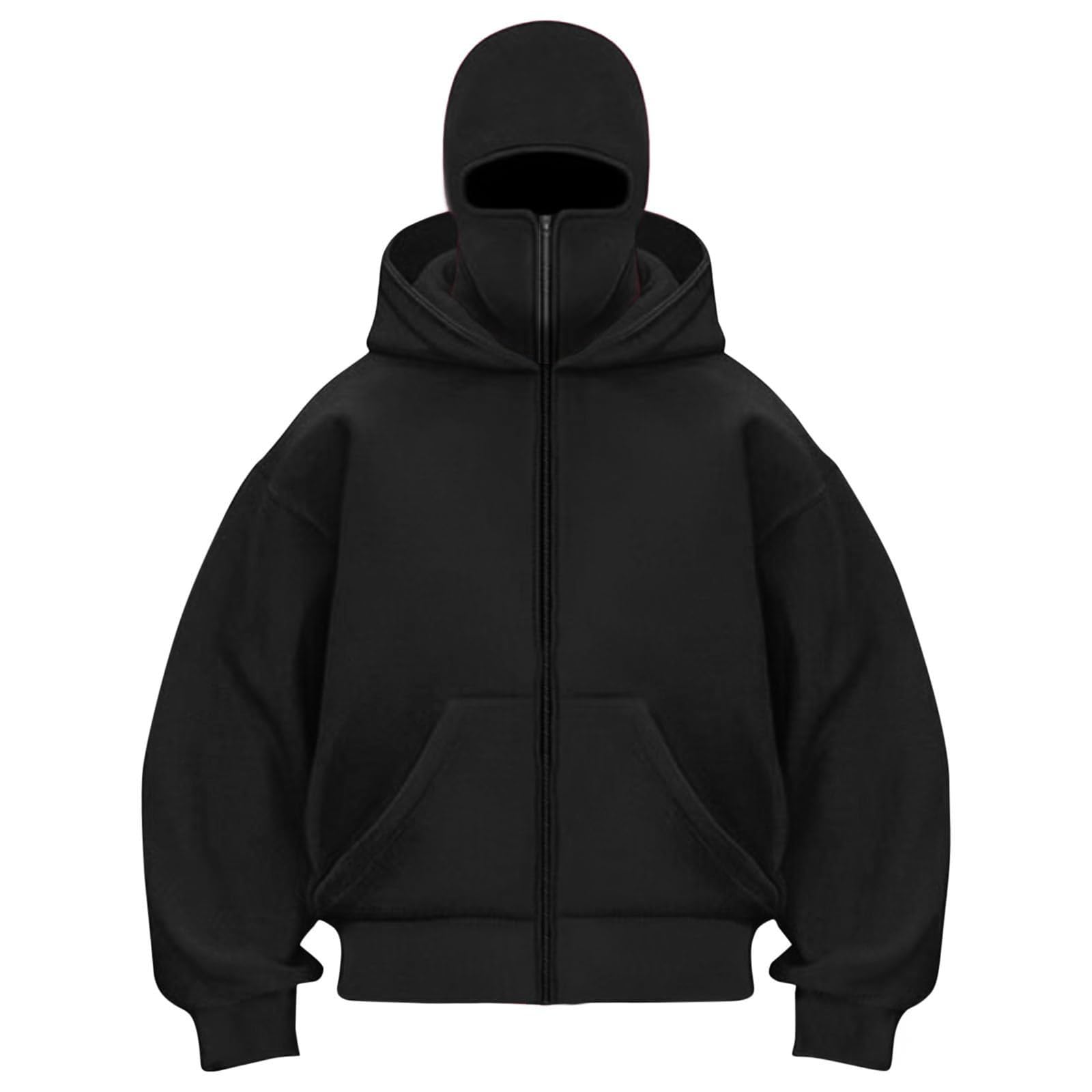 Generisch Balaclava Ninja Zip Hoodie Kinder Kapuzenpullover Jungen Mädchen Einfarbig Basic Warm Sturmhaube Teenager mit Reißverschluss und Tasche Oversize Sweatjacke Y2K Tops