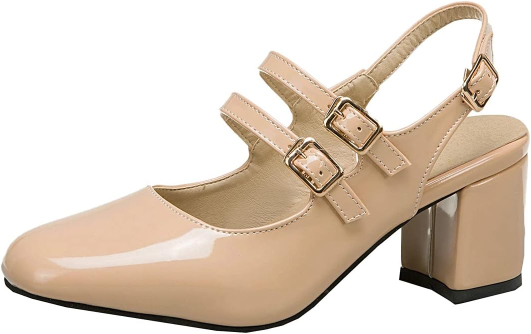 BEAUPAS Women's Chunky High Heel Patent Leather Pumps Ankle Strap Block Heel Pumps Slingback Buckle Shoes