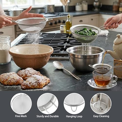 Image of 3PCS Fine Mesh Strainers for Kitchen, Stainless Steel Metal Wire Sieve Strainer, Food Strainer with Handlle for Sifting, Straining and Cooking