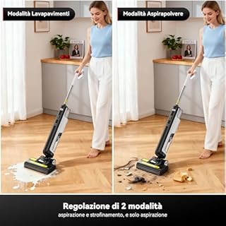 W12SE Aspirapolvere Lavapavimenti Senza Fili, Lavasciuga Lava e Aspira Pavimenti, Autopulente, Autonomia, Autonomia 45 min, Anti-intreccio capelli, Disinfezione Elettrolitica, 1.15L Doppio Serbatoio
