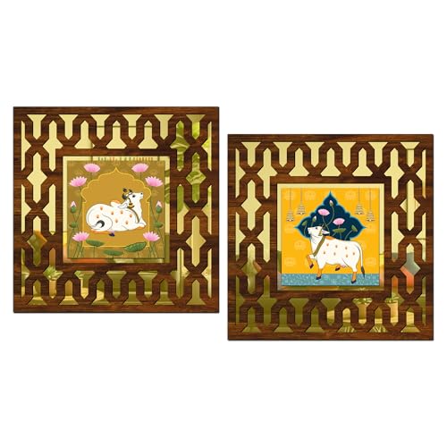 Image of Wooden Pichwai Cow Mirror Wall Decor Panel for Home Decor Living Room Bed Room Office (AD5, 12X12 Inches, Set of 2)