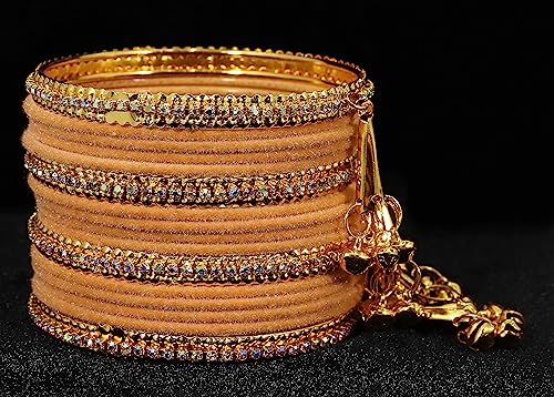 Image of NMII Metal with Zircon Gemstone and Velvet Studded Bells Latkan Bangles Set For Girls and Women I Latkan Bangles, Premium Bangle Bracelet Set I Pack of 16 Bangles
